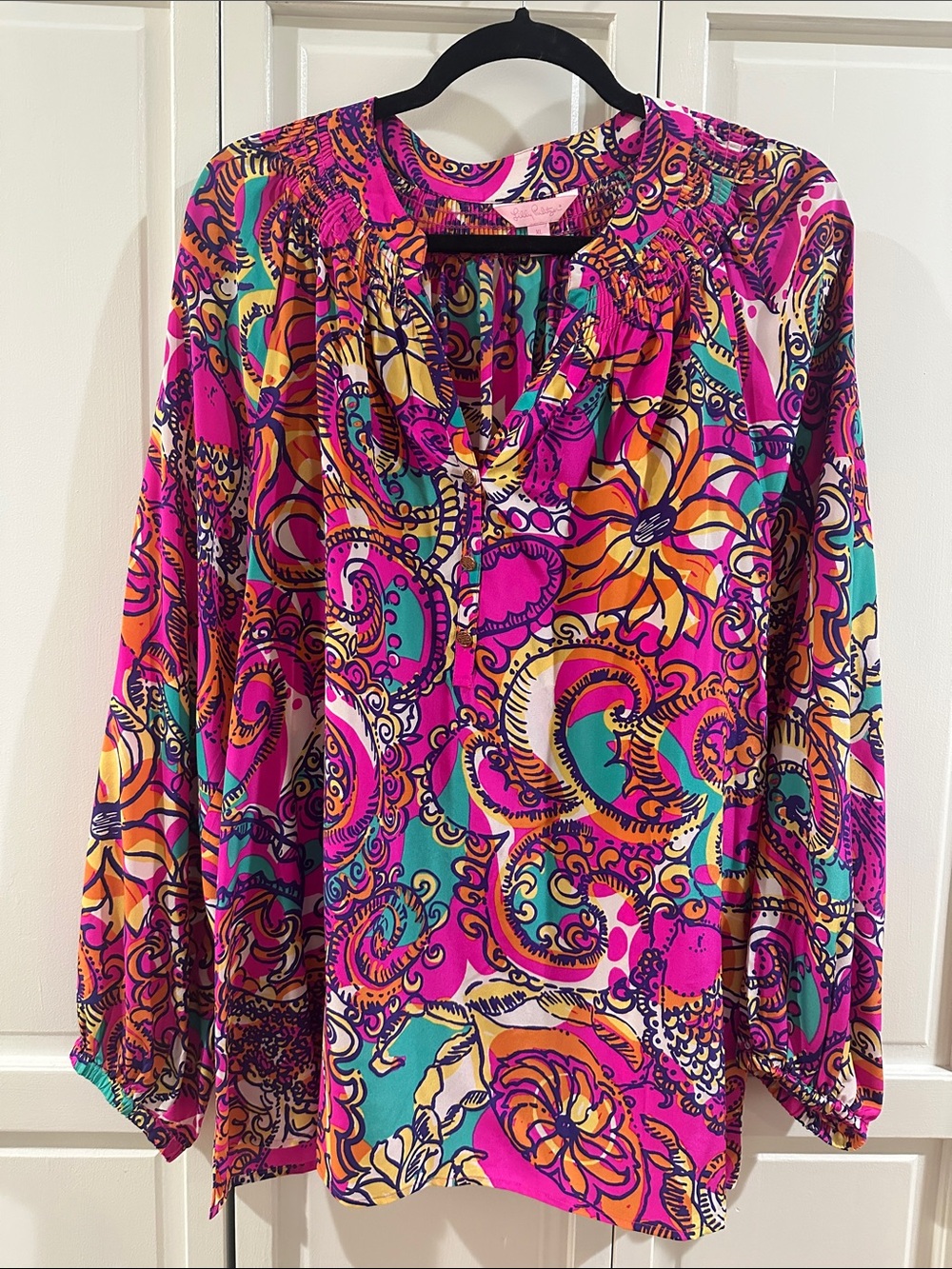 Lilly Pulitzer Elsa Silk Blouse, Rare “Sea and Be Seen” Pink Paisley Print, XL